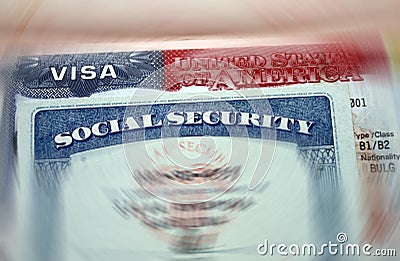 The American visa in a passport page USA background and sacial security nember personal document. SSN â€“ social security number f Stock Photo